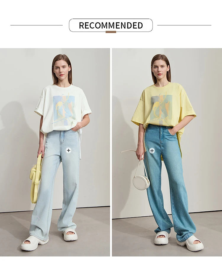 Damen T-Shirt im minimalistischen Design mit unregelmäßigem Schnitt und abstraktem Druck
