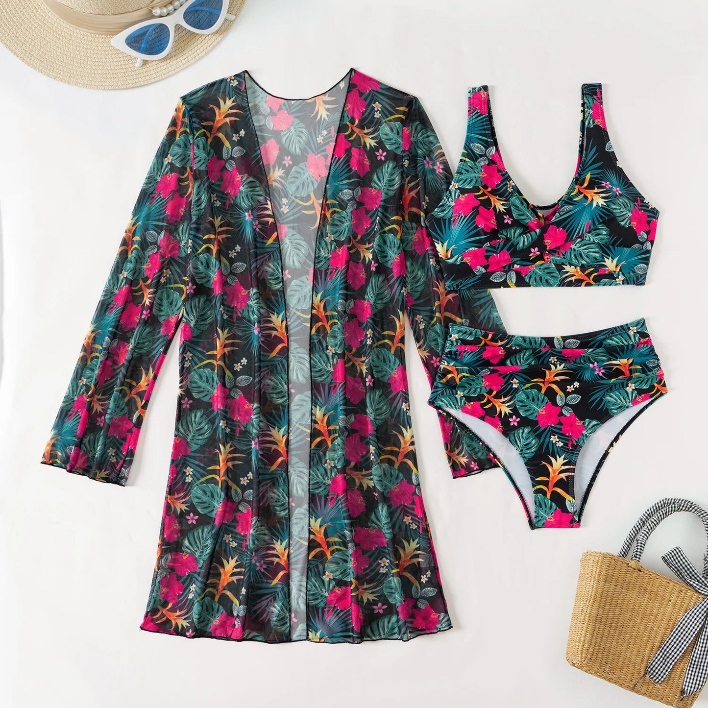 Damen-Bikini-Set mit hohem Bund und Print – dreiteiliges Badeanzug-Set für Strand und Pool