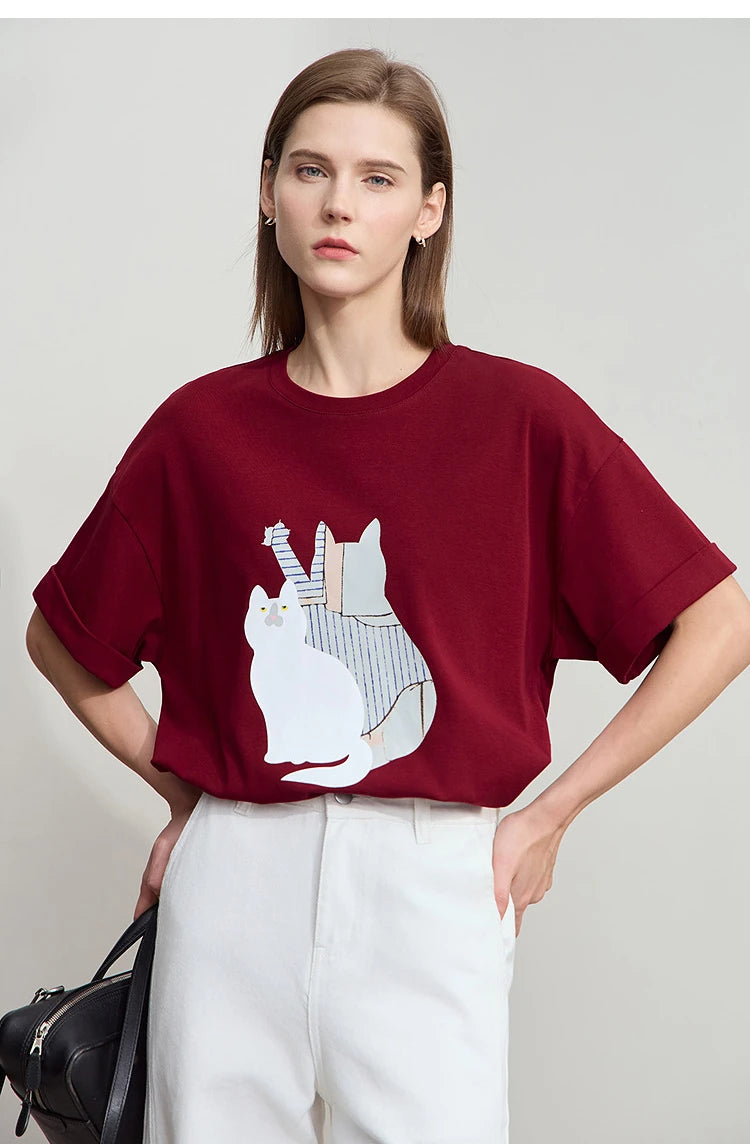 Damen Top im minimalistischen Stil mit O-Ausschnitt und bedrucktem Design