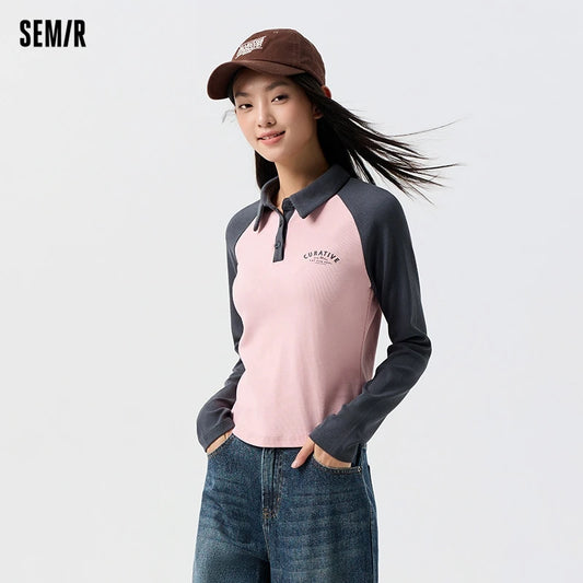 Semir Poloshirt für Damen, kurzer Stil, schmal, farbblockiert, Raglanärmel, 2024, Frühjahr, neues Oberteil mit Buchstabendruck