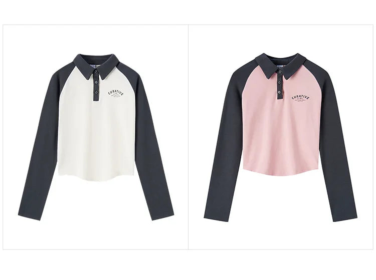 Semir Poloshirt für Damen, kurzer Stil, schmal, farbblockiert, Raglanärmel, 2024, Frühjahr, neues Oberteil mit Buchstabendruck