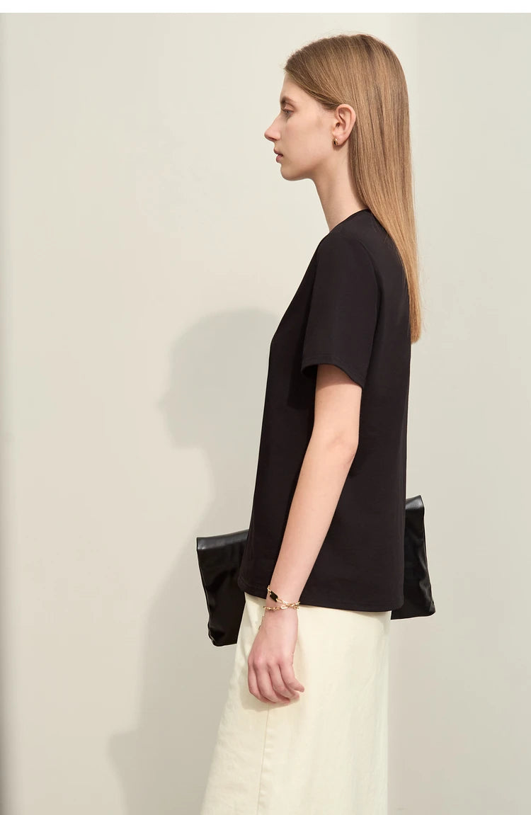 Damen Kurzarm-T-Shirt im minimalistischen Stil mit O-Ausschnitt und Stickerei