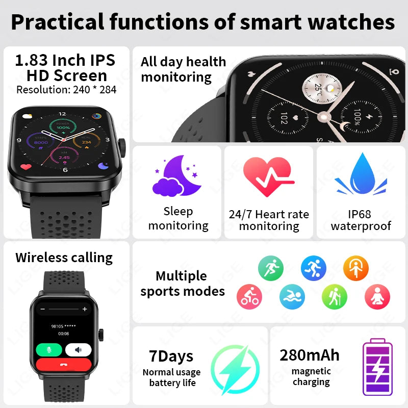 LIGE Neue Outdoor-Sport GPS Smart Uhr Männer 1,83 "HD Bildschirm Machen Erhalten Telefon Anrufe Gesundheit IP68 Wasserdicht Mann smartwatch 2025