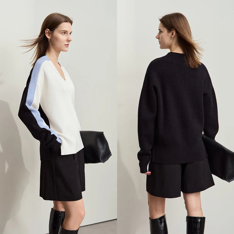 AMII Damen-Pullover mit V-Ausschnitt und kontrastfarbenen Ärmelstreifen