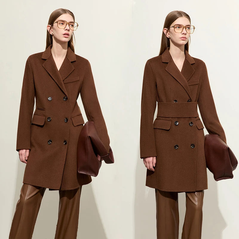 Damen mittellange Jacke aus modischer Wolle mit Gürtel und Reversmänteln