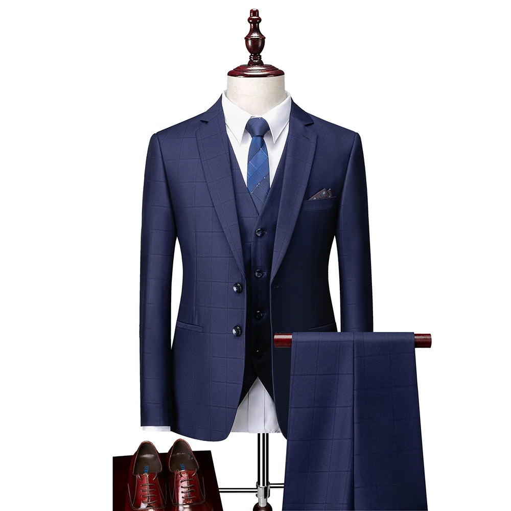 Hochwertiger Herren Anzug 3-teilig: Kariert, Grau, Slim Fit, Business & Hochzeit.