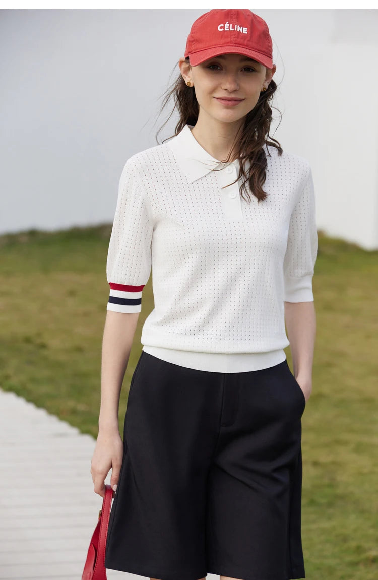 Damen Pullover im Minimalismus-Stil mit Polo-Ausschnitt und Kontrastfarben