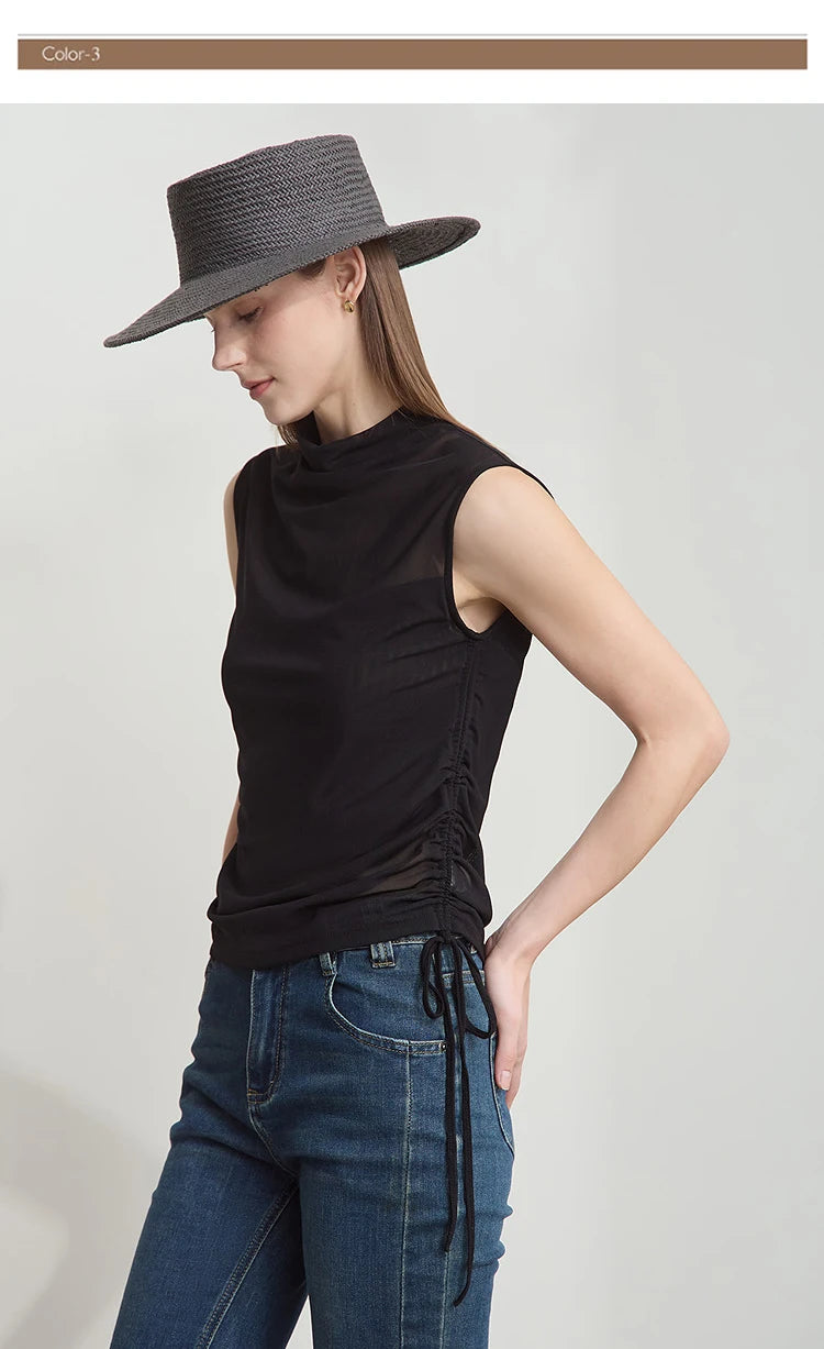 Damen T-Shirts im Sommer-Stil mit solidem ärmellosem Rollkragen für Büro