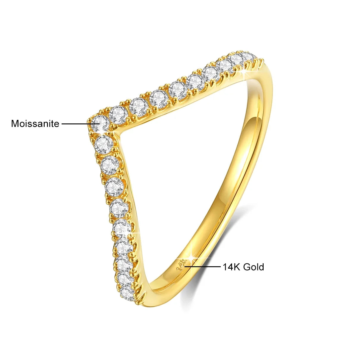 Damen-Ring aus 14 Karat Gold, V-Form Mit Moissanit, Zertifikat 585, Valentinstag Geschenk