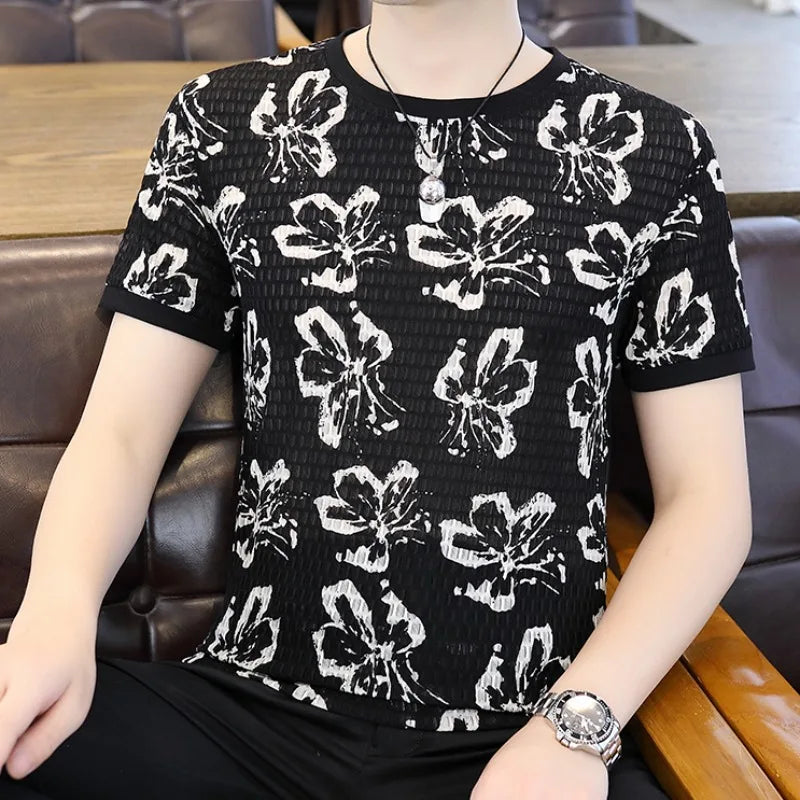 Herren T-Shirt mit Retro Blumen Druck aus atmungsaktiver Eis-Seide