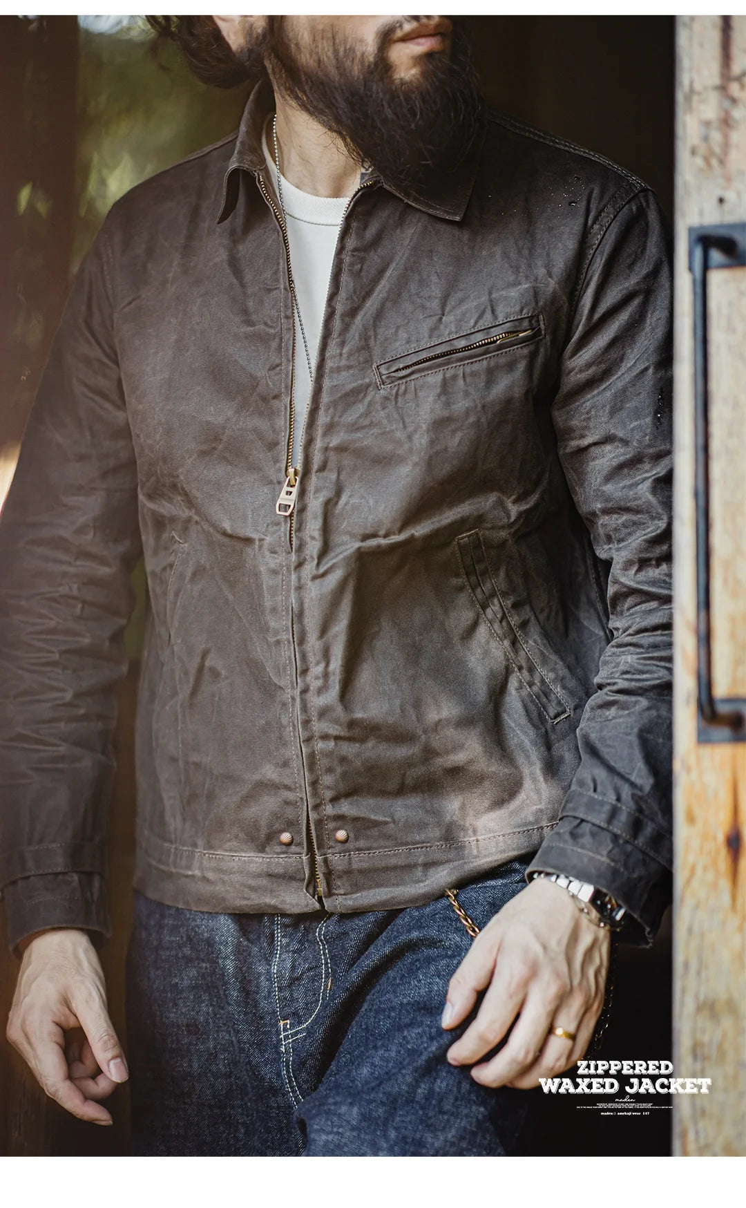 Herren Jacke Vintage IV Oil Waxed Canvas Revers Reißverschluss Taschen