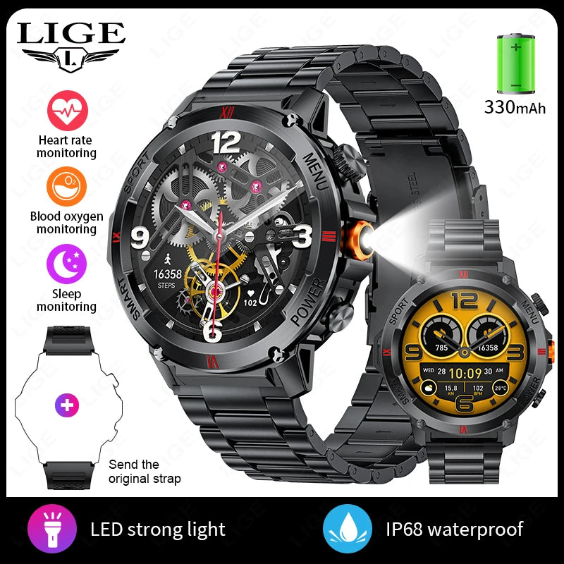 LIGE 2025 Neue Outdoor Smartwatch LED Taschenlampe Männer IP68 Wasserdichte Bluetooth Anruf Sport Fitness Track Smart Uhr Für Xiaomi