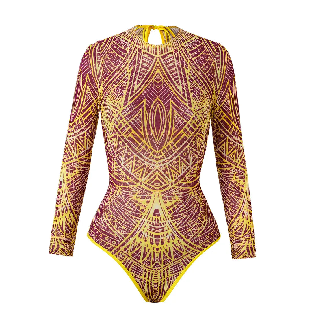 Damen Badeanzug Blumen Print Langarm mit Hose Einteiler Schwimmanzug