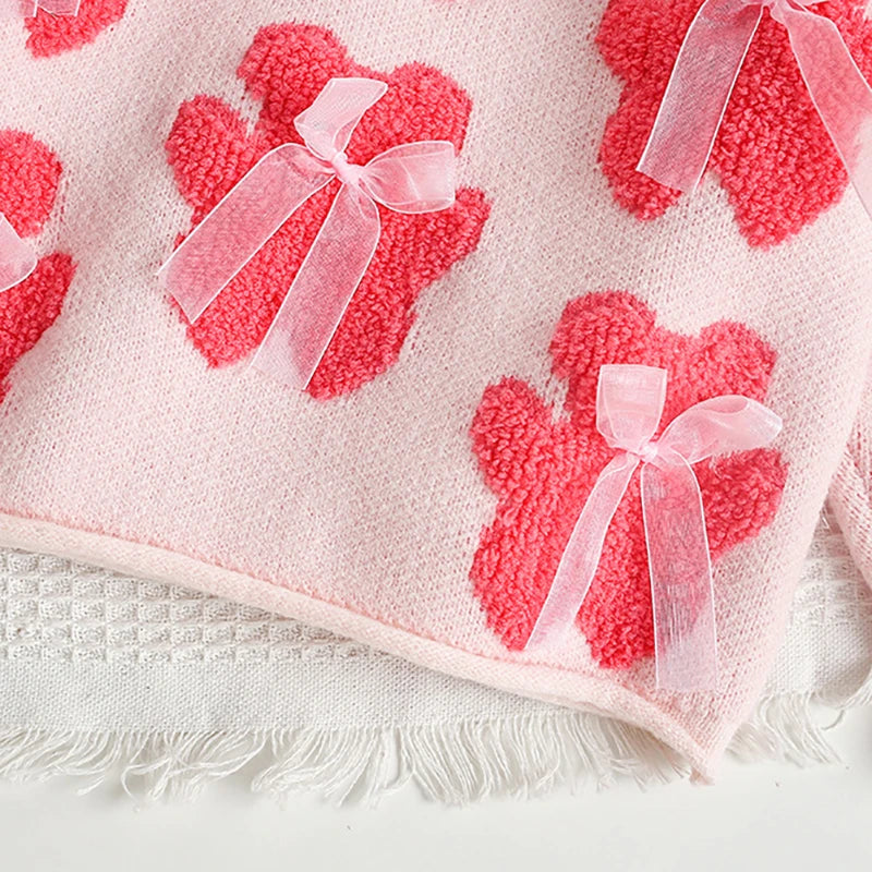 Mädchen Pullover aus gestricktem Material mit süßem Bär und Bogen