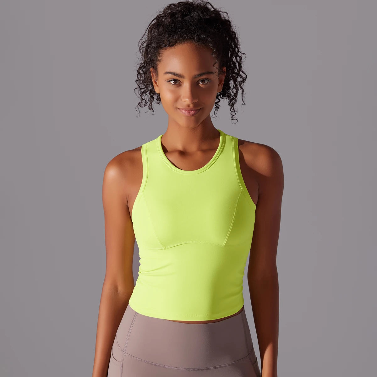 Neongelbes Yoga-Tanktop für Damen, ärmellos, Rundhalsausschnitt, tailliert
