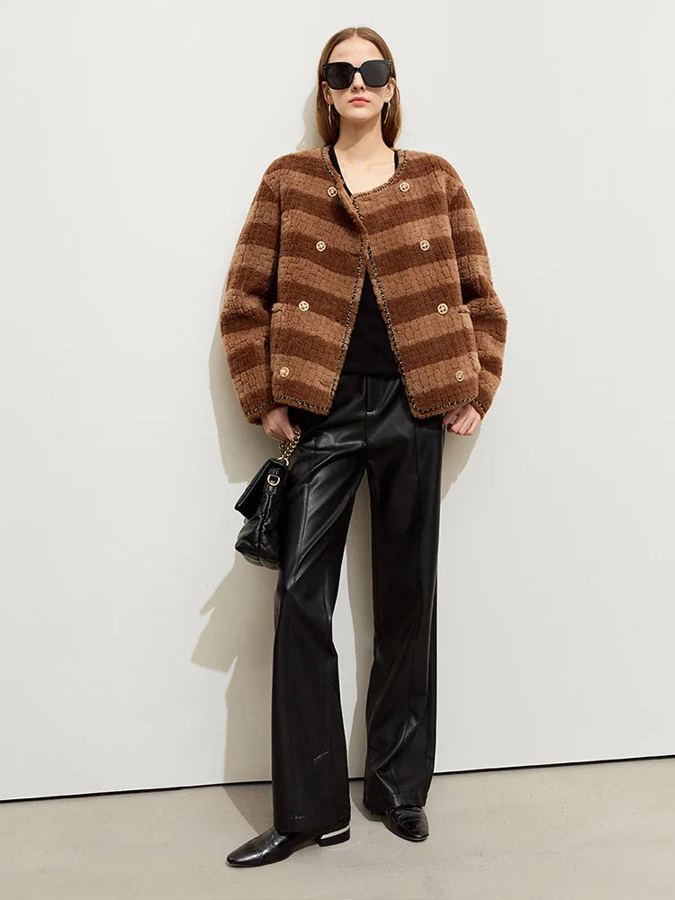 Damen Mantel aus hochwertigem Patchwork-Fleece mit warmem Crew Neck Design