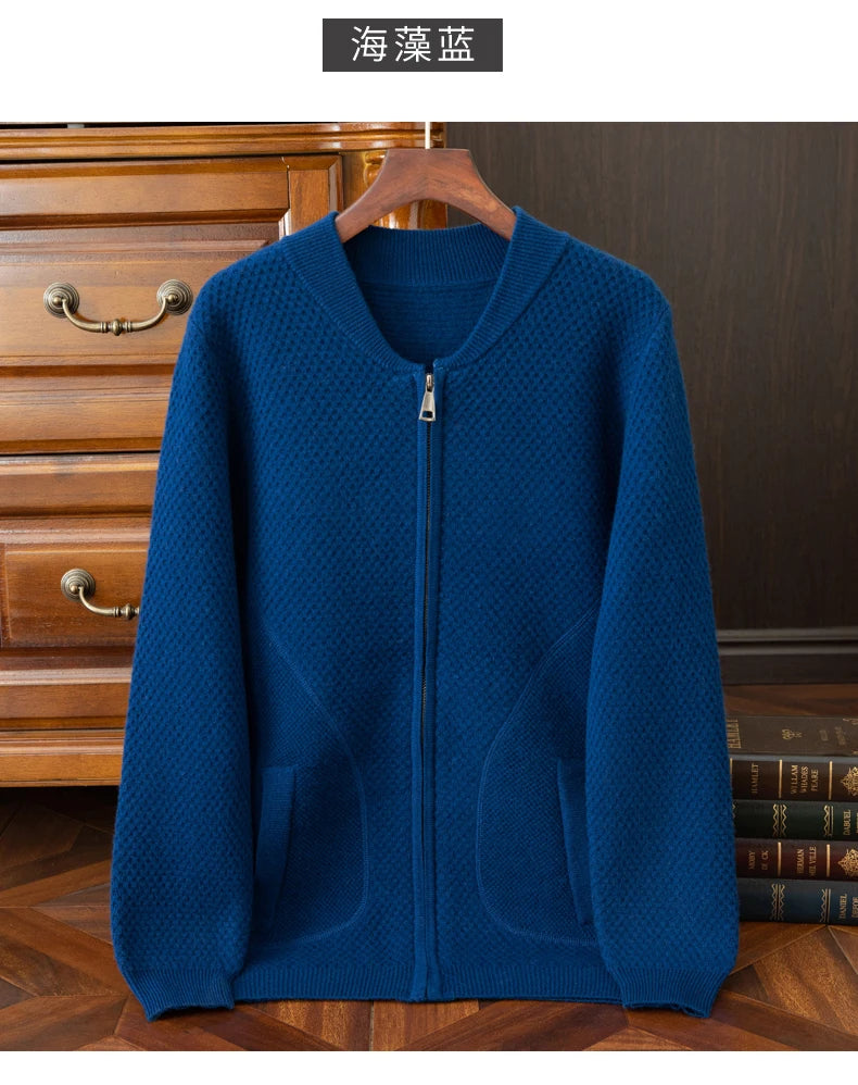 Herren-Strickjacke mit Baseball-Kragen, 100 % reine Wolle, Herren 2024, Herbst und Winter, verdickter lässiger Strickpullover, Jacke, Outdoor-Blazer