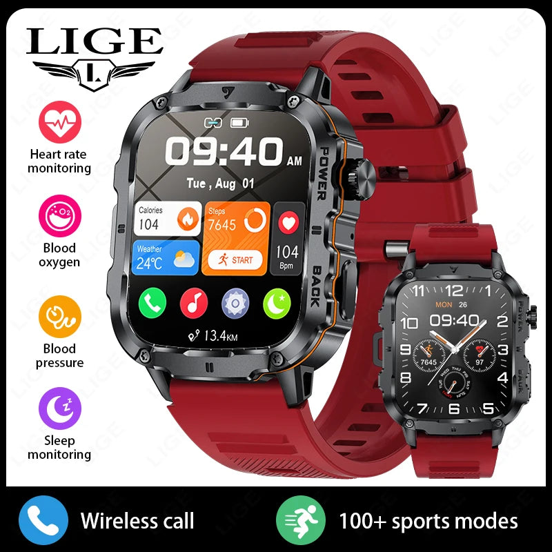 LIGE Outdoor Militär Sport Smart Uhr Männer Frauen Fitness Track Herzfrequenz Blut Sauerstoff Wasserdicht BT Anruf 1,95-Zoll Smartwatch