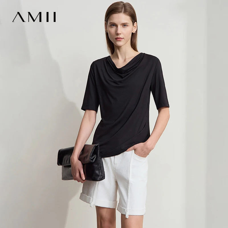 Damen T-Shirt mit drapierter Kragen- und besticktem Design aus modalem Strick