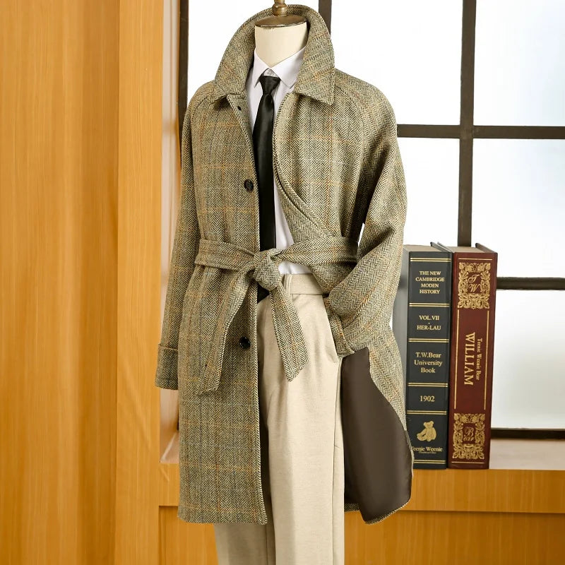 Herren Tweed Balmacaan Mantel im klassischen Hahnentritt-Muster für den Winter
