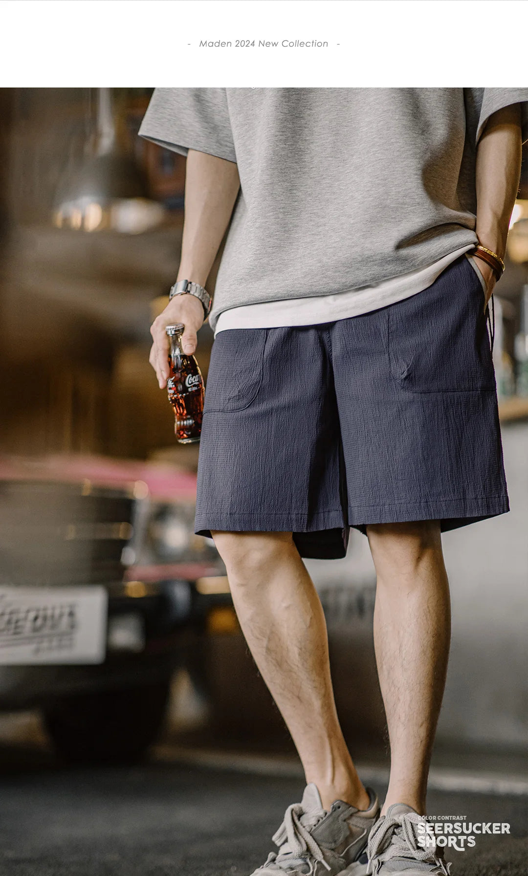 Männer Shorts aus atmungsaktiver Seersucker-Textur mit elastischer Taille und Kontrastfarbe