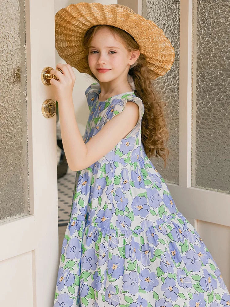 Langärmliges Prinzessinnenkleid aus Gaze in Tiefblau und Rot für Mädchen – Perfekt für Geburtstagsfeiern und Hochzeiten (3-14 Jahre)