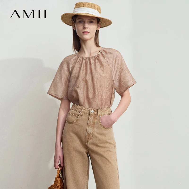 Damen T-Shirt im minimalistischen Sommer-Stil mit Kordelzug und Rundhalsausschnitt
