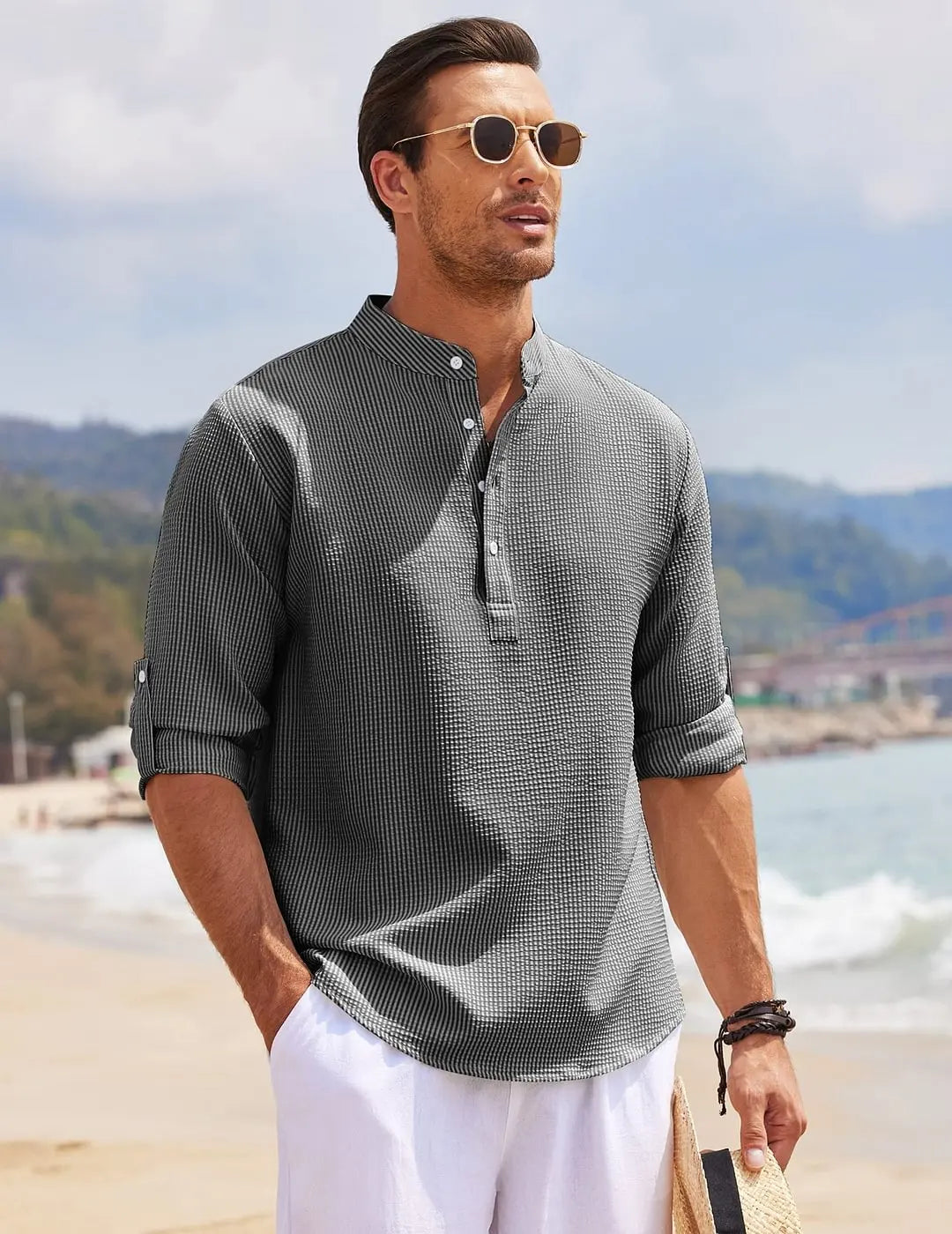 Leichtes Herrenhemd mit europäischem und amerikanischem Stil, dichtem Netzdesign und personalisiertem Schnitt – langärmlig und mit sexy Durchblick-Effekt