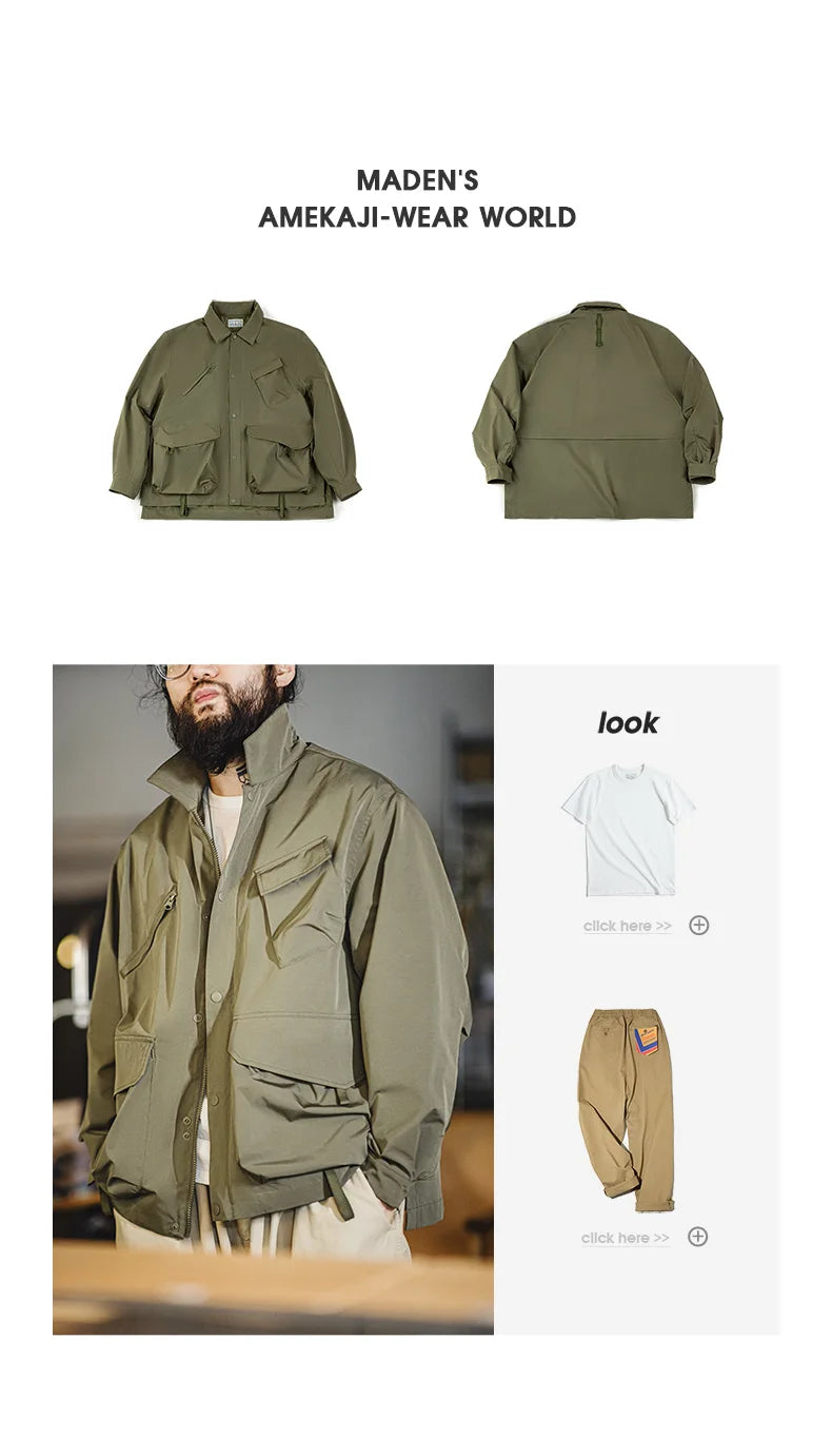 Herren Jacke Urban Outdoor Große Taschen Grüne Lässige Revers Jacke