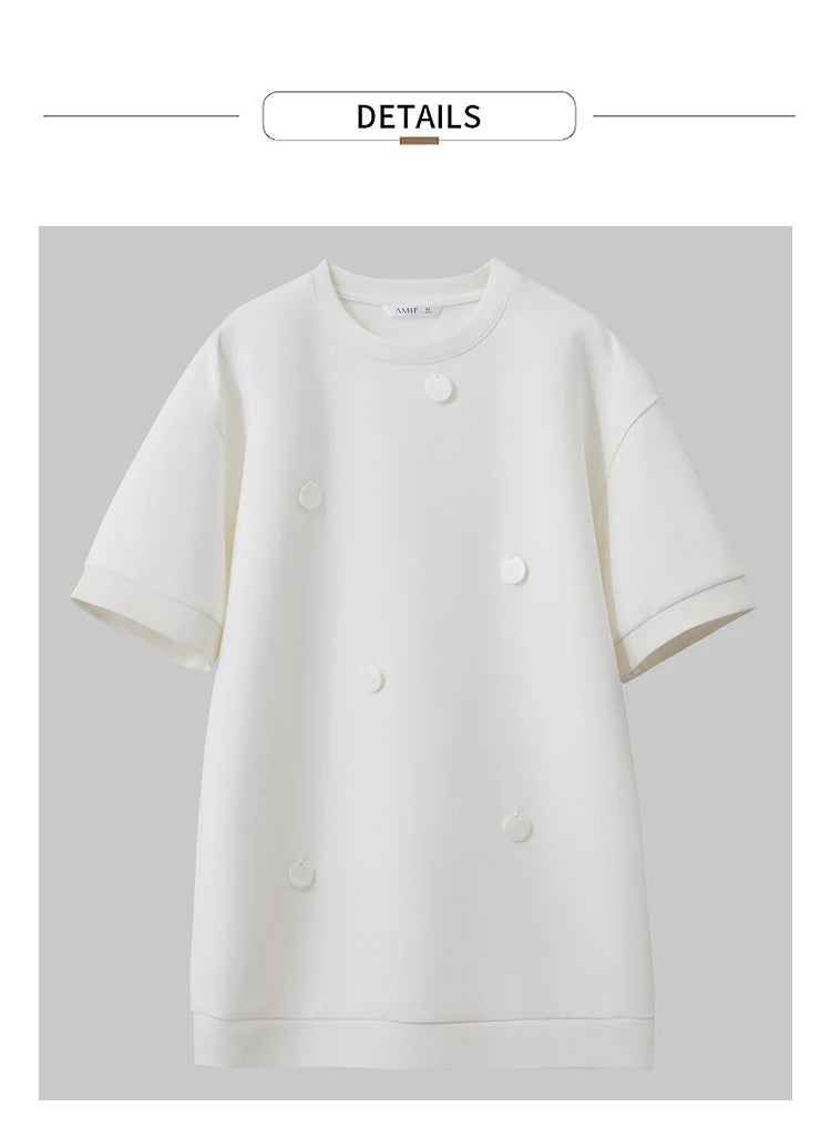 Damen T-Shirts im Minimalismus-Stil mit losem Patchwork und Dekoration