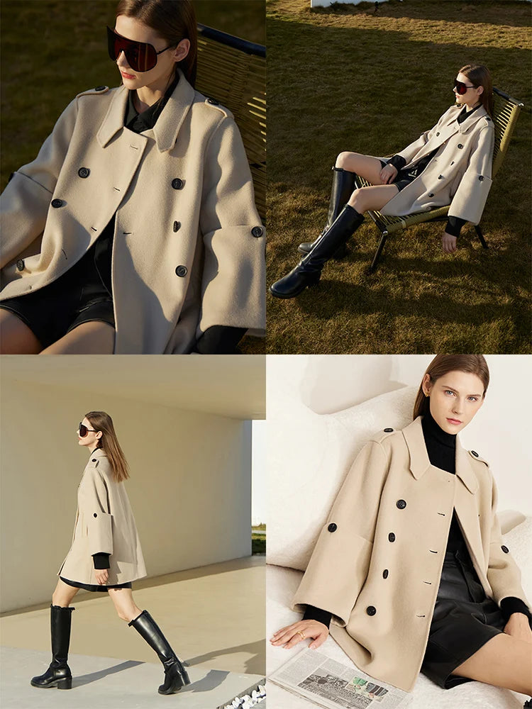 Damen Wollmantel im minimalistischen England Stil mit zwei Reihen Knöpfen