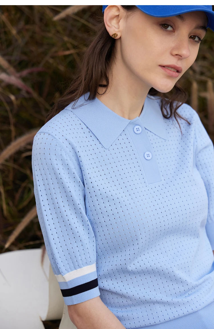 Damen Pullover im Minimalismus-Stil mit Polo-Ausschnitt und Kontrastfarben