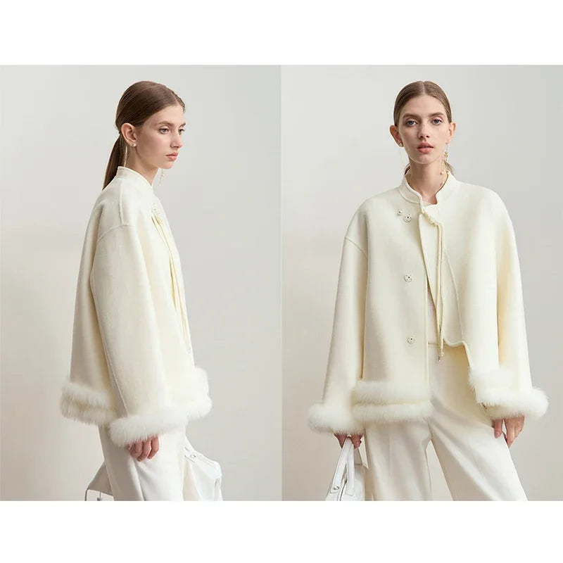 Damen Jacke im chinesischen Stil mit Perle Schnalle und Stehkragen