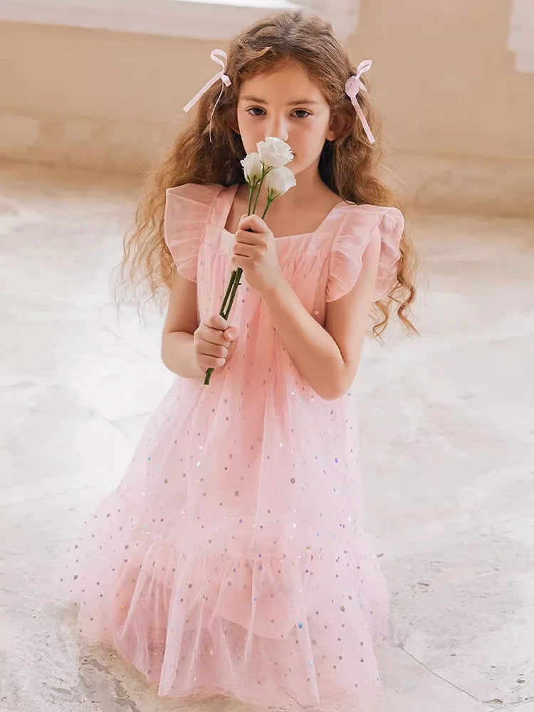 Rosa Prinzessinnen-Kleid für Mädchen mit Pailletten und Gaze – Sommerliches Partykleid für Kinder von 3 bis 12 Jahren