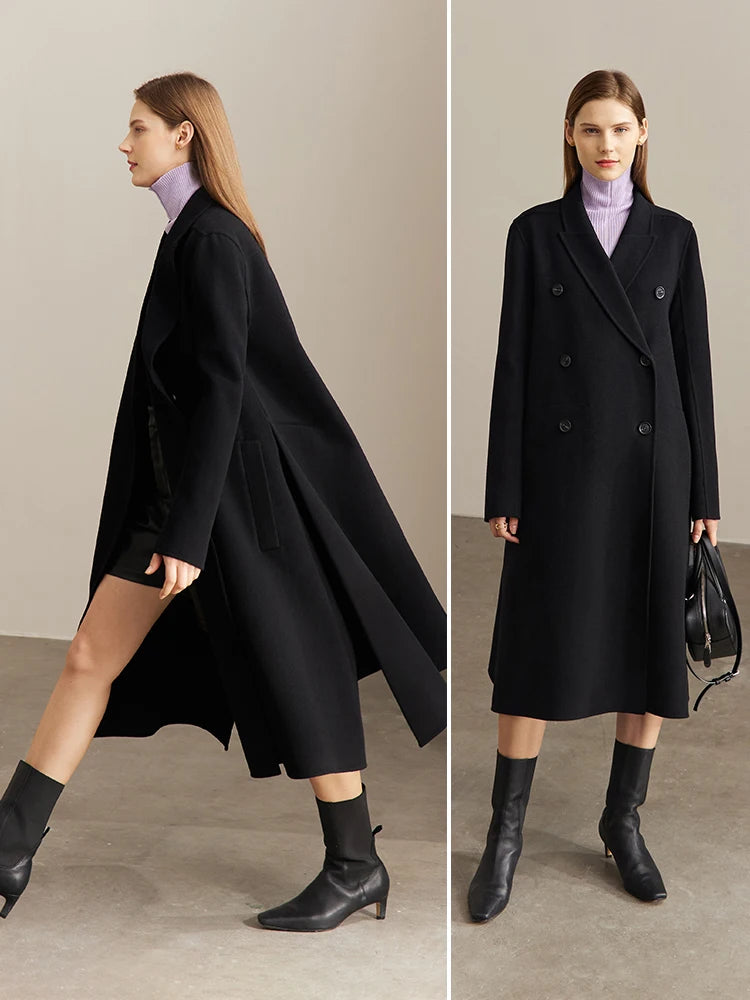 Damen Wollmantel im minimalistischen Stil mit zweireihigem Knopfverschluss