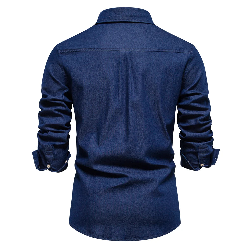 Herren Hemd aus Baumwolle im einfarbigen Denim-Look mit Tasche