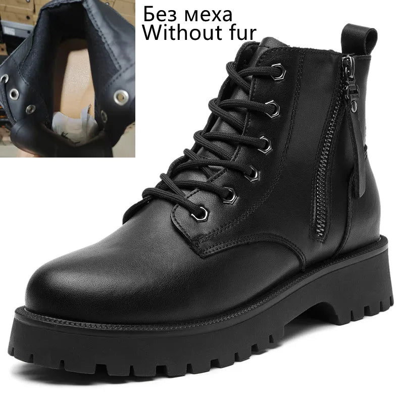 Schwarze Ankle-Boots aus Leder, Schnürung und doppelter Reißverschluss, robuste Plattformsohle
