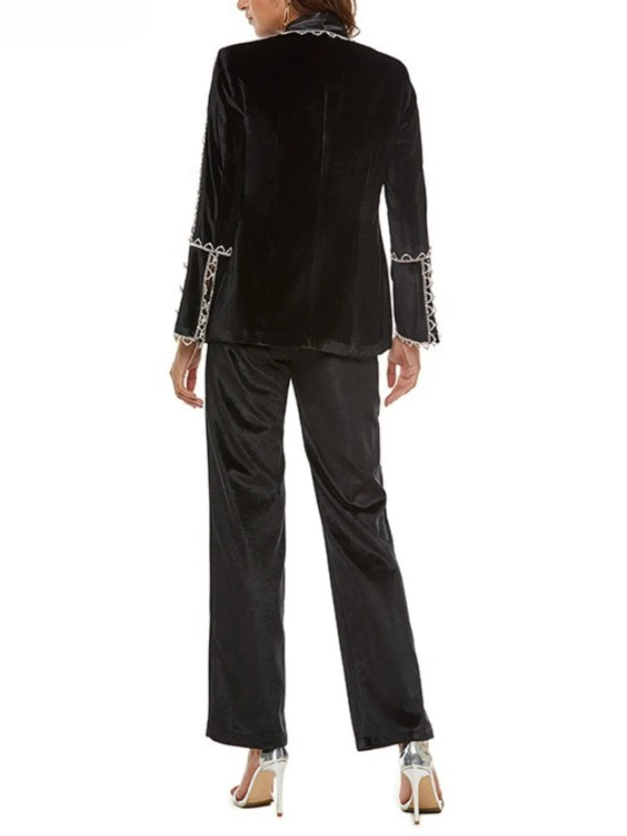 Elegantes Damen-Zweiteiler-Set mit V-Ausschnitt, langen Ärmeln und Perlenverzierung – Patchwork-Top mit Knöpfen und hoch taillierte Hose