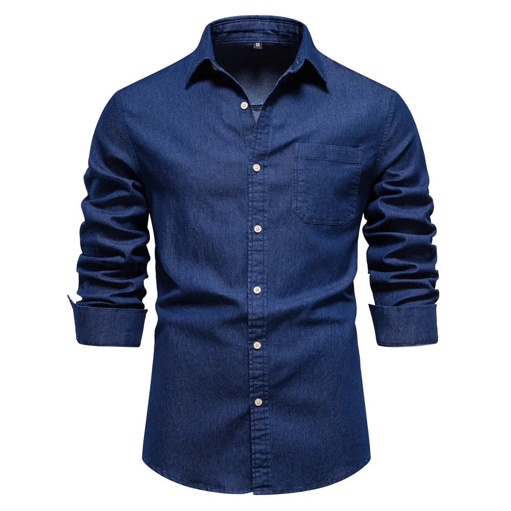 Herren Hemd aus Baumwolle im einfarbigen Denim-Look mit Tasche