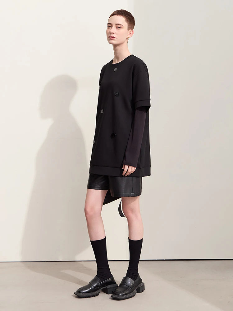 Damen T-Shirts im Minimalismus-Stil mit losem Patchwork und Dekoration