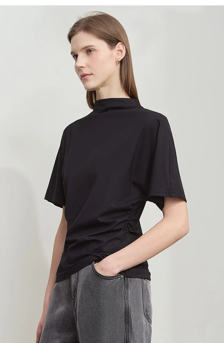 Damen T-Shirt im minimalistischen Sommer-Stil mit solidem Rollkragen und Kurzarm