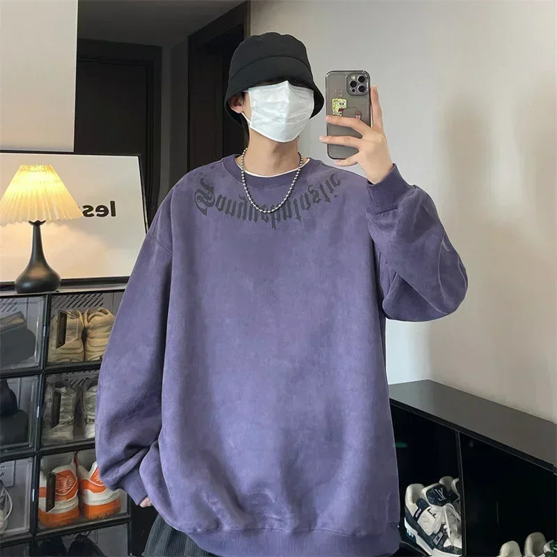 Frühlings-Herren-Sweatshirt aus Wildleder mit Goth-Buchstaben-Aufdruck, übergroße Pullover mit Rundhalsausschnitt, Hoodies, 2025, neue Y2K-Vintage-Fleece-Sudaderas