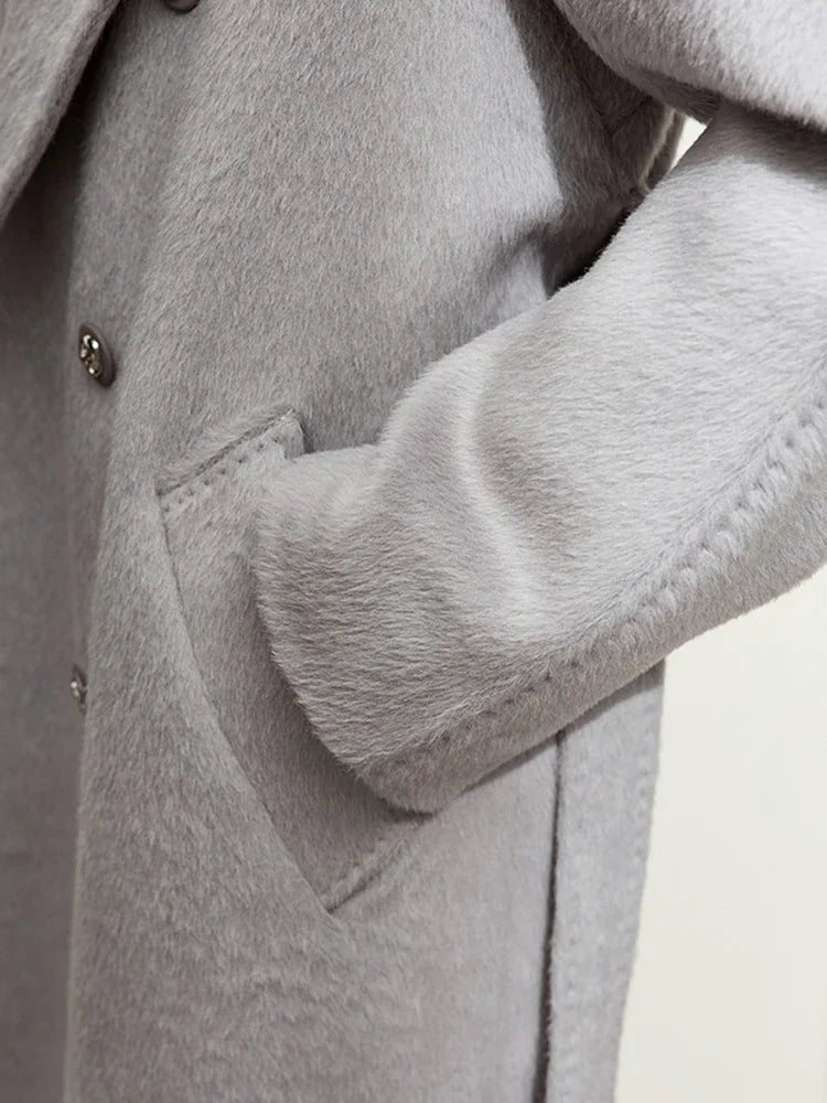 Damen Wollmantel im minimalistischen Stil mit Winter-Reverskragen und Gürtel