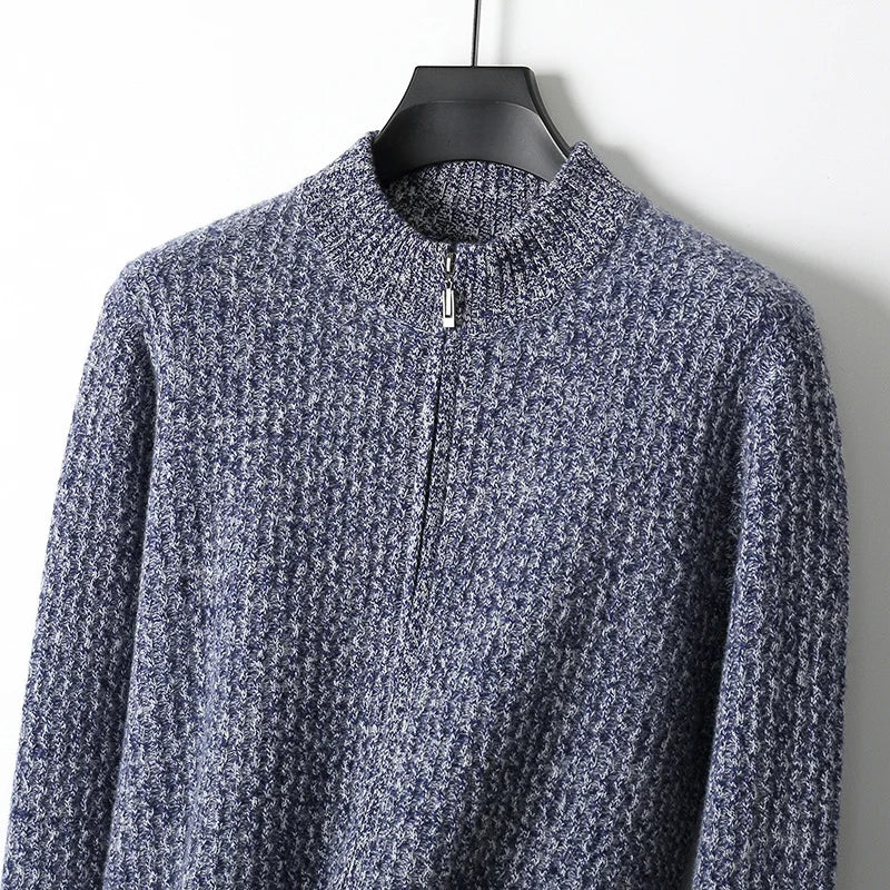 2025 Herbst und Winter Pullover aus reiner Wolle für Herren, neue Strickjacke mit Reißverschluss, Mantel, halb Stehkragen, lockeres Freizeithemd, AB-Farbstrickwaren