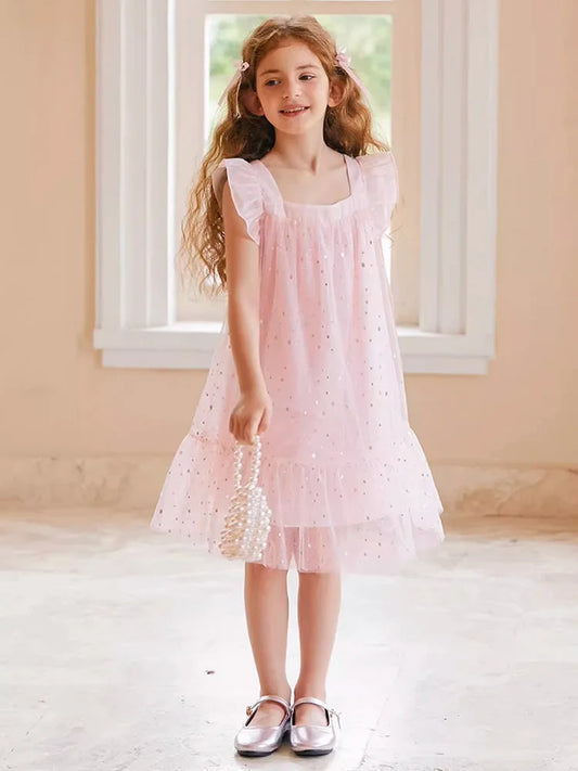 Rosa Prinzessinnen-Kleid für Mädchen mit Pailletten und Gaze – Sommerliches Partykleid für Kinder von 3 bis 12 Jahren