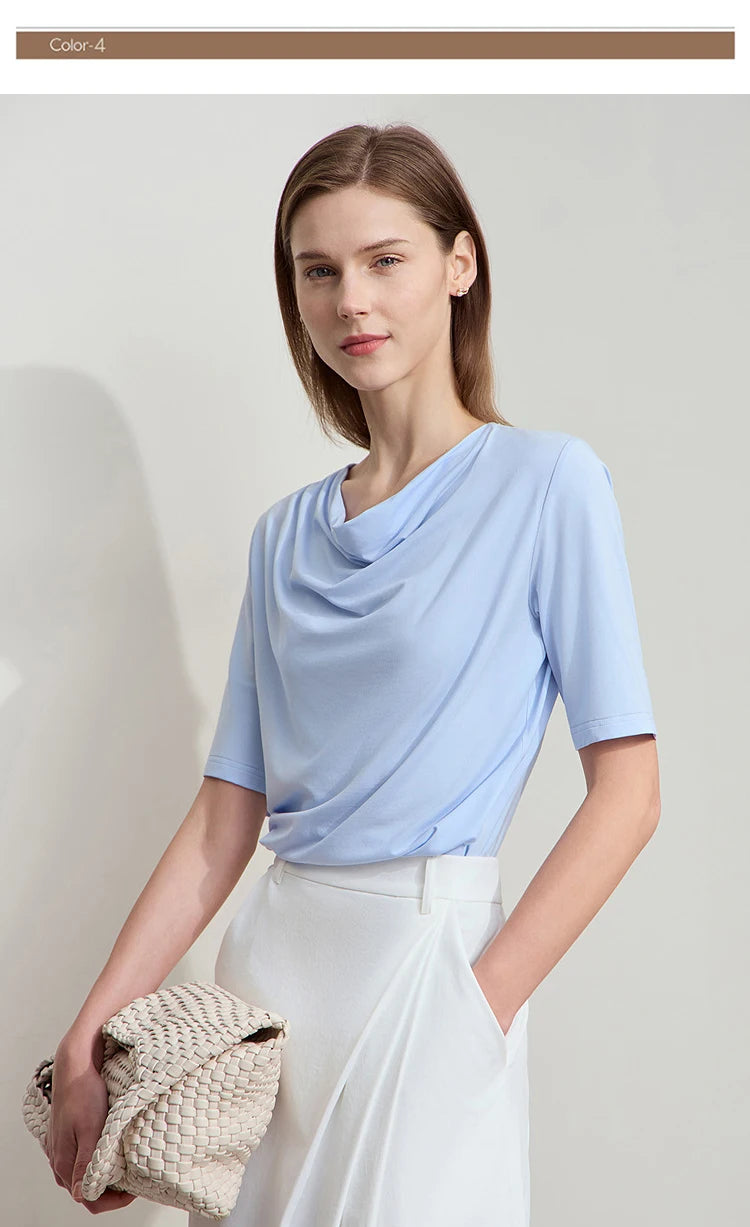 Damen T-Shirt mit drapierter Kragen- und besticktem Design aus modalem Strick