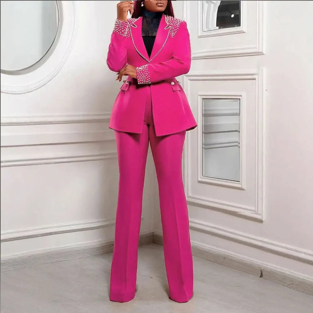 Zweiteiliges Damen-Set mit Applikationen, langärmligem Patchwork-Hemd und hoch taillierter Hose