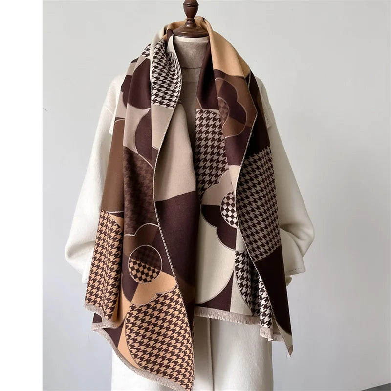 Winterschal für Damen mit Pashmina-Muster in Braun/Beige, Fransen