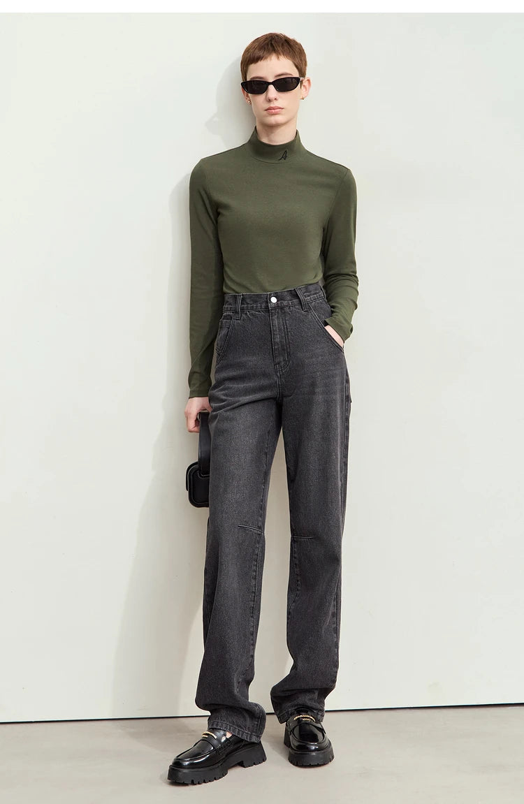Damen T-Shirts im Minimalismus-Stil mit Mock-Neck und Stickerei aus Baumwolle