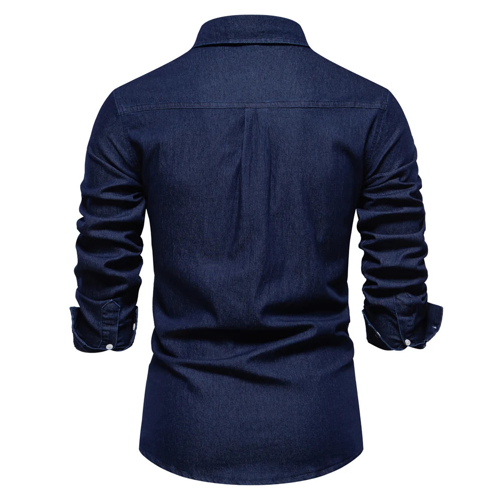 Herren Hemd aus Baumwolle im einfarbigen Denim-Look mit Tasche